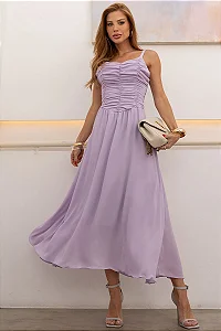VESTIDO CRISTINA MIDI CREPE COM FRANZIDO BUSTO - LILÁS