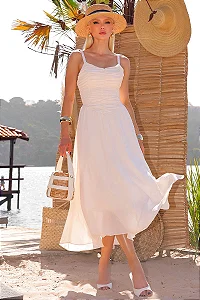 VESTIDO CRISTINA MIDI CREPE COM FRANZIDO BUSTO - BEGE