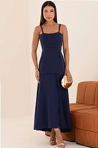 VESTIDO ANTONELLA LONGO COM ALÇA E FENDA - AZUL MARINHO