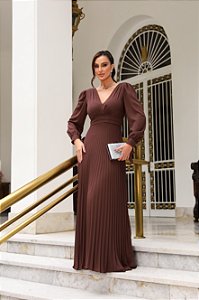 VESTIDO DE FESTA GIOVANA CREPE MUSSELINE DETALHE PLISSADO - MARROM