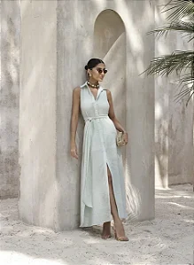 VESTIDO CHEMISE COM FAIXA LISTRAS - VERDE