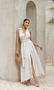 VESTIDO CHEMISE COM FAIXA LISTRAS - BEGE