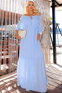 VESTIDO LONGO LILIAN CREPE COM FAIXA - AZUL