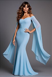 VESTIDO LONGO MERMAID CAPE GLAMOUR - AZUL SERENITY