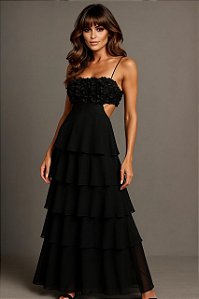 VESTIDO LONGO CAMADAS FLOWER ÉDEN - PRETO