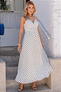 VESTIDO SALETE LONGO POÁ ZÍPER COSTAS - BEGE