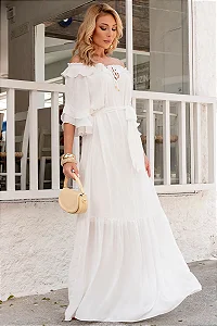 VESTIDO LONGO LILIAN CREPE COM FAIXA - OFF WHITE