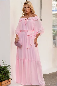 VESTIDO LONGO LILIAN CREPE COM FAIXA - ROSA