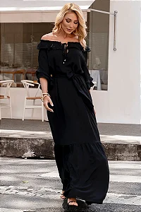 VESTIDO LONGO LILIAN CREPE COM FAIXA - PRETO