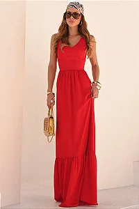 VESTIDO ELIZETE CREPE LONGO COM DECOTE V -  VERMELHO