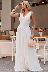 VESTIDO ELIZETE CREPE LONGO COM DECOTE V - OFF WHITE