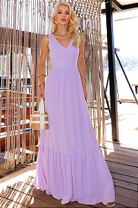 VESTIDO ELIZETE CREPE LONGO COM DECOTE V - LILÁS