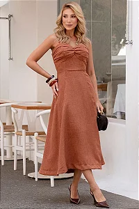 VESTIDO DAMARES ALÇAS FINAS PREGAS BUSTO - MARROM