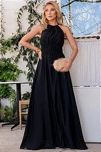 VESTIDO MICAELA LONGO COM FRANZIDO CINTURA - PRETO