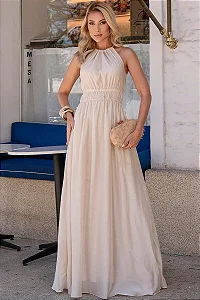 VESTIDO MICAELA LONGO COM FRANZIDO CINTURA - BEGE