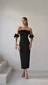 VESTIDO INGLATERRA MIDI DETALHE FLORES - BLACK