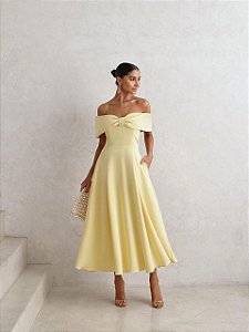VESTIDO MIDI KAROL OMBRO A OMBRO LAÇO - AMARELO MANTEIGA
