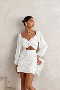 CONJUNTO CROPPED E SAIA BORDADO PÉROLAS - OFF WHITE