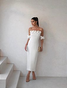VESTIDO INGLATERRA MIDI DETALHE FLORES - OFF WHITE