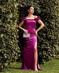 VESTIDO DE FESTA SABRINA CREPE ACETINADO FENDA - ROXO