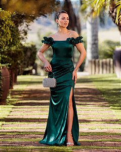 VESTIDO DE FESTA SABRINA CREPE ACETINADO FENDA - VERDE ESMERALDA