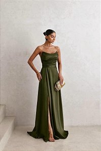 VESTIDO DE FESTA CINTIA T.Q.C LONGO FENDA - VERDE OLIVA