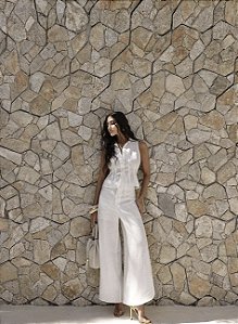 CONJUNTO MAYA CALÇA E CAMISA LINHO DETALHE PREGAS - OFF WHITE