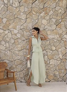 CONJUNTO MAYA CALÇA E CAMISA LINHO DETALHE PREGAS - VERDE PISTACHE