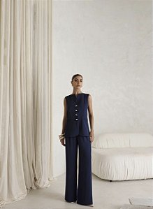 CONJUNTO ALESSANDRA ALFAIATARIA COLETE BOTÕES BICOLOR - AZUL MARINHO
