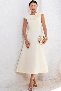 VESTIDO HILDA MIDI DETALHE FLOR - AMARELO MANTEIGA