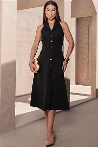 VESTIDO FLAVIANA MIDI ABERTO COM BOTÃO E BOSLOS - PRETO