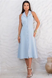 VESTIDO FLAVIANA MIDI ABERTO COM BOTÃO E BOSLOS - AZUL CLARO