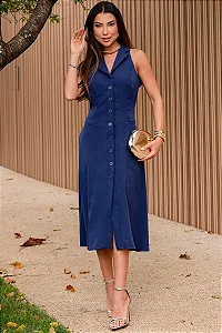VESTIDO FLAVIANA MIDI ABERTO COM BOTÃO E BOSLOS - AZUL MARINHO