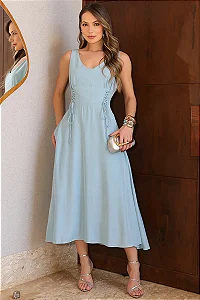VESTIDO ARLETE MIDI COM DETALHE AMARRAÇÃO E BOTÃO - AZUL