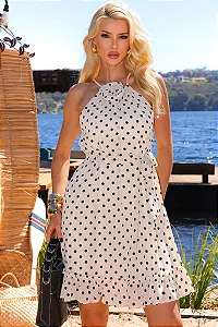VESTIDO SUELY CURTO POÁ DETALHE FLOR COM FAIXA - BEGE