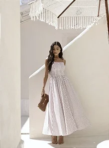 VESTIDO LONGUETE LISTRADO BOTÕES FRONTAIS - DOCE DE LEITE