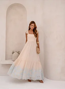 VESTIDO LONGO BORDADO LAÇO NAS COSTAS - BEGE