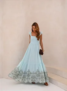 VESTIDO LONGO BORDADO LAÇO NAS COSTAS - AZUL SERENITY