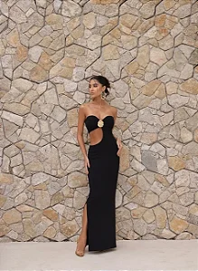 VESTIDO LONGO T.Q.C RECORTE LATERAL E ARGOLA - PRETO
