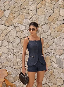 BLUSA JEANS DECOTE RETO BOTÕES - AZUL