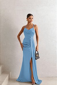 VESTIDO DE FESTA EMILY DRAPEADO BUSTO - AZUL SERENITY