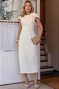 VESTIDO LEILA TUBINHO COM DETALHE FLOR - AMARELO MANTEIGA