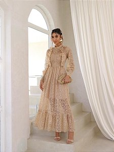 VESTIDO ML MIDI RENDA BABADO MYSTIC - BEGE