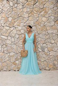 VESTIDO DE FESTA SAN ANDRES TULE COM FAIXA - AZUL SERENITY