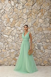 VESTIDO DE FESTA SAN ANDRES TULE COM FAIXA - VERDE MENTA
