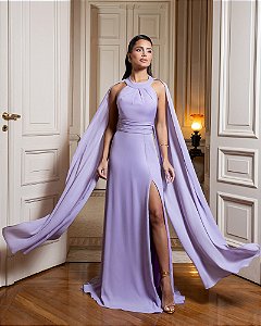 VESTIDO DE FESTA MILANO GOLA ALTA COM CAPA - LAVANDA