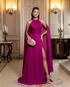 VESTIDO DE FESTA MILANO GOLA ALTA COM CAPA - FÚCSIA