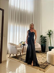 VESTIDO DE FESTA GLAM CREPE ACETINADO - PRETO