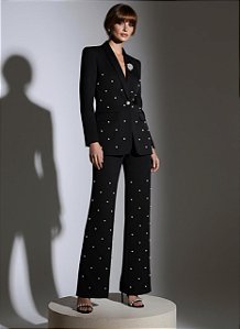 CALÇA PANTALONA EM ALFAIATARIA E PÉROLAS - PRETO