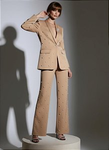 CALÇA PANTALONA EM ALFAIATARIA E PÉROLAS - BEGE
